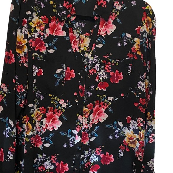 Express Tops - Pre-owned Express Black Floral Print Portofino Slim Fit  Blouse Size L